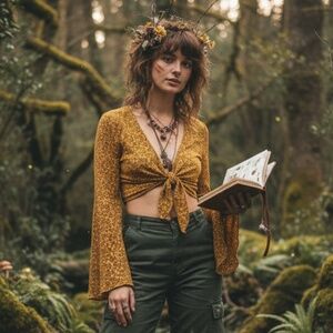 Wild Fable Mustard Velvet Burnout Crop Top, M Goblincore‎
